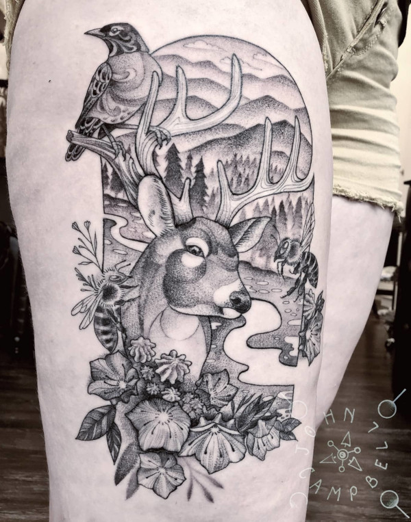 Black and grey dotwork tatoo of stag with bees and birds and flowers in wilderness by John Campbell at Sacred Mandala Studio tattoo parlor in Durham, NC.